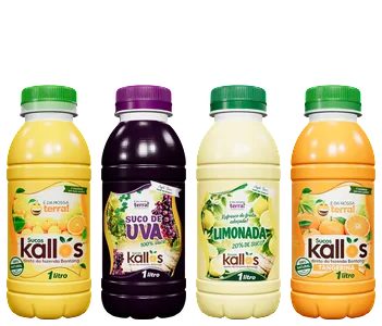 Garrafas de 1 litro de Suco Kallos: laranja, uva, limonada e tangerina