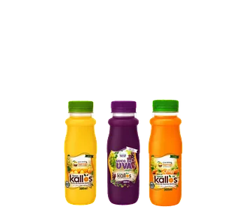 Garrafinhas de 300 ml de Suco Kallos: laranja, uva e tangerina