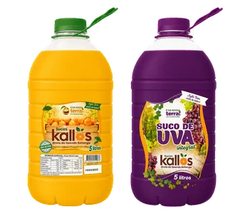Garrafões de 5 litros de Suco Kallos: laranja e uva